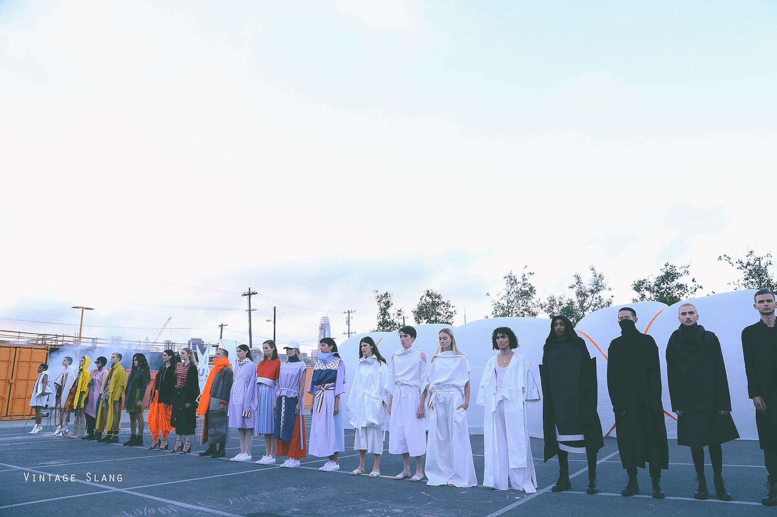 Models lined up at sunset for the California College of the Arts 2017 Fashion Experience.