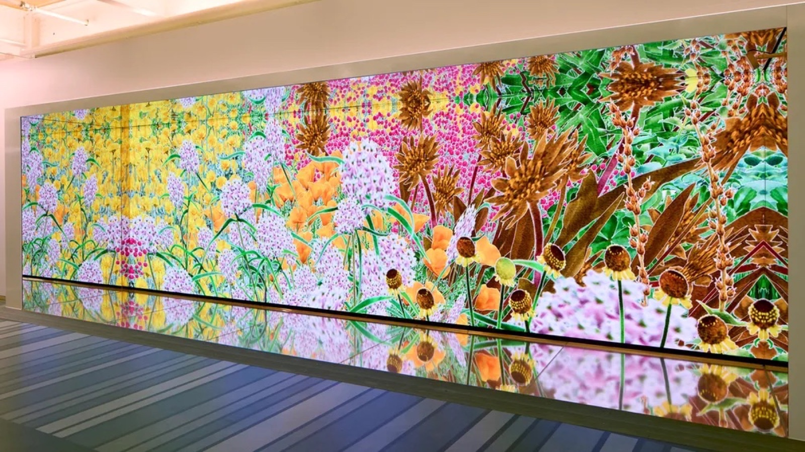 A large LED wall of generative floral artwork from Google's Gradient Canvas collection, mirrored on a polished floor.
