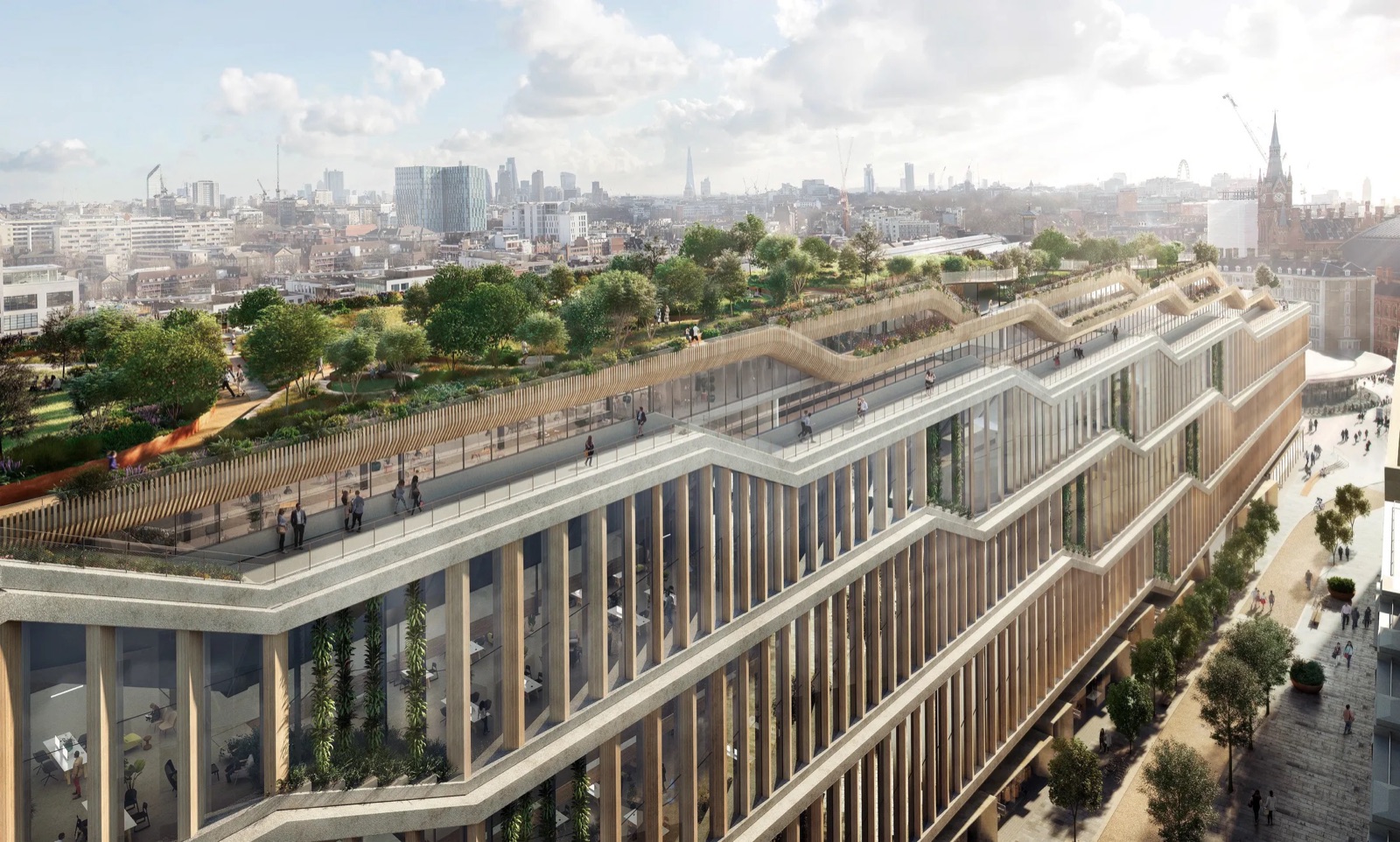 Google's King's Cross landscraper with its rooftop garden and the London skyline beyond.
