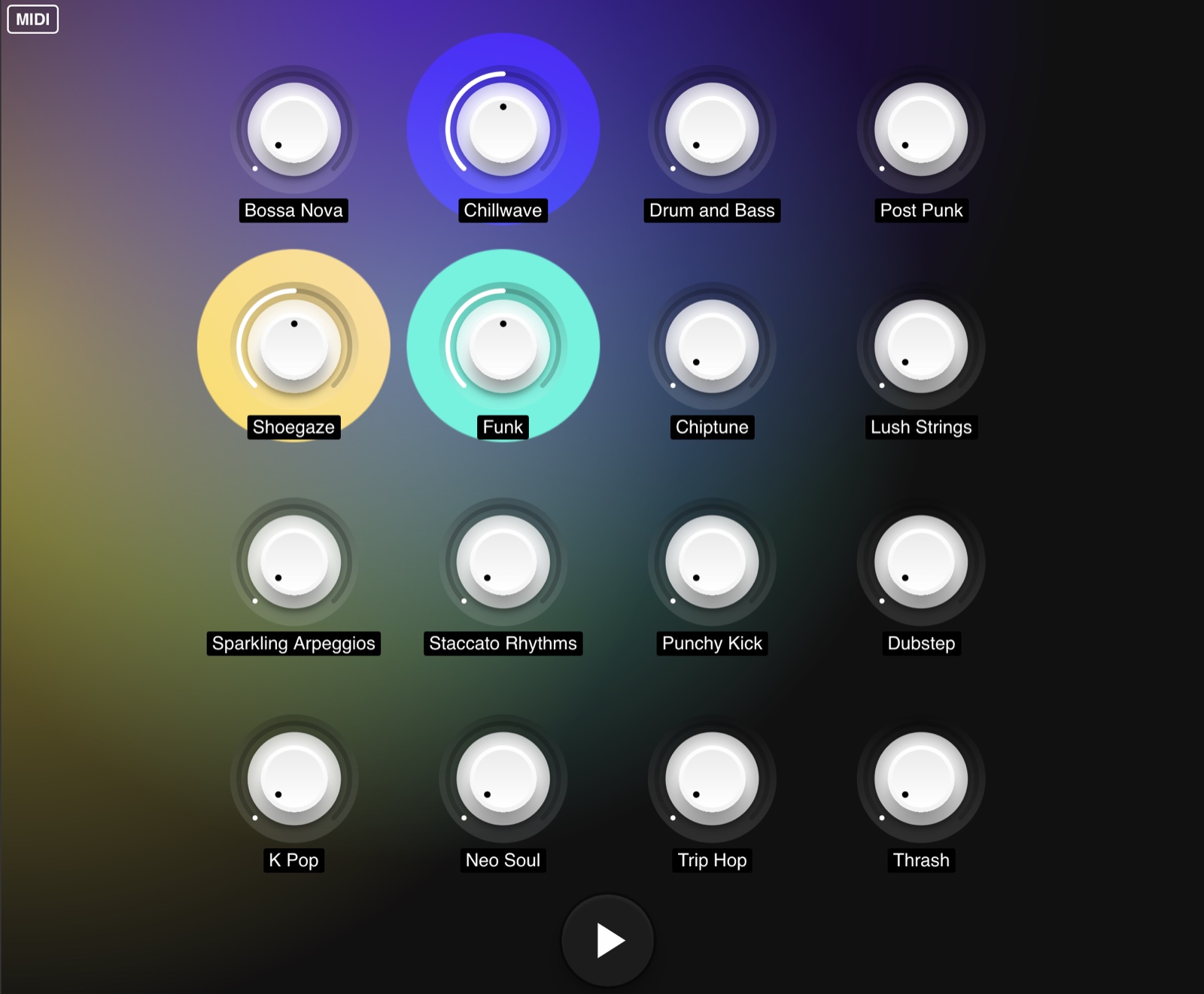The PromptDJ-MIDI interface — a grid of glowing genre knobs (Chillwave, Shoegaze, Funk) steering a real-time generative music model.